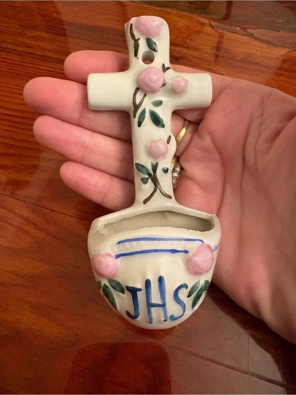 Holy Water Stoup Small Ceramic Cross Wall Pocket with ‘JHS’ Pink Floral Accents.